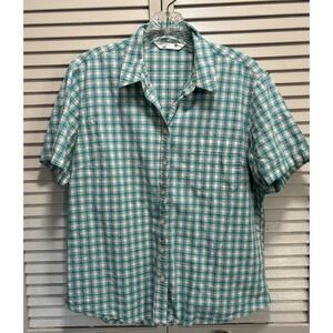 Riders By Lee Short‎ Sleeve Shirt Teal/White Plaid Size Medium Button Up Knit
